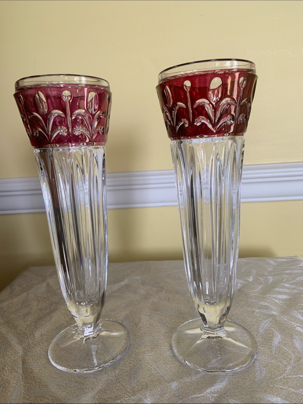 Vintage Clear Heavy Crystal 9” Cut to Clear Cranberry Flash Stain Vases Set of 2